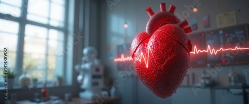 Futuristic artificial heart with glowing veins in modern medical lab.