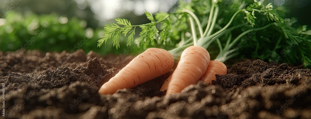 Plump carrots with smooth orange skin and green tops stand vertically on dark loam, beautifully highlighted by soft sunlight