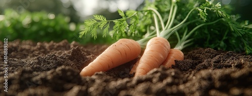 Obraz na płótnie Plump carrots with smooth orange skin and green tops stand vertically on dark loam, beautifully highlighted by soft sunlight w salonie