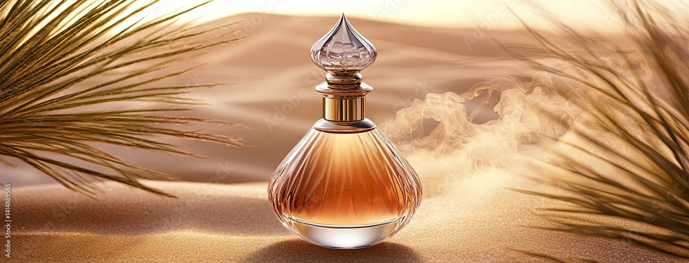 Perfume bottle rests on gentle sand dunes under soft lighting, showcasing the allure of luxury in a captivating desert landscape