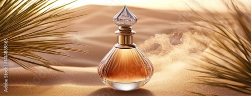 Perfume bottle rests on gentle sand dunes under soft lighting, showcasing the allure of luxury in a captivating desert landscape