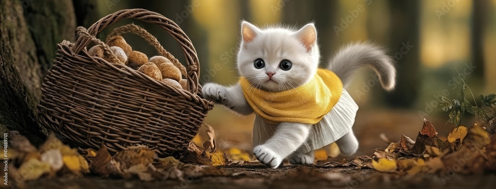 A creamy shorthair kitten confidently walks the runway in an oversized cardigan, white scarf, and skirt, holding a handbag