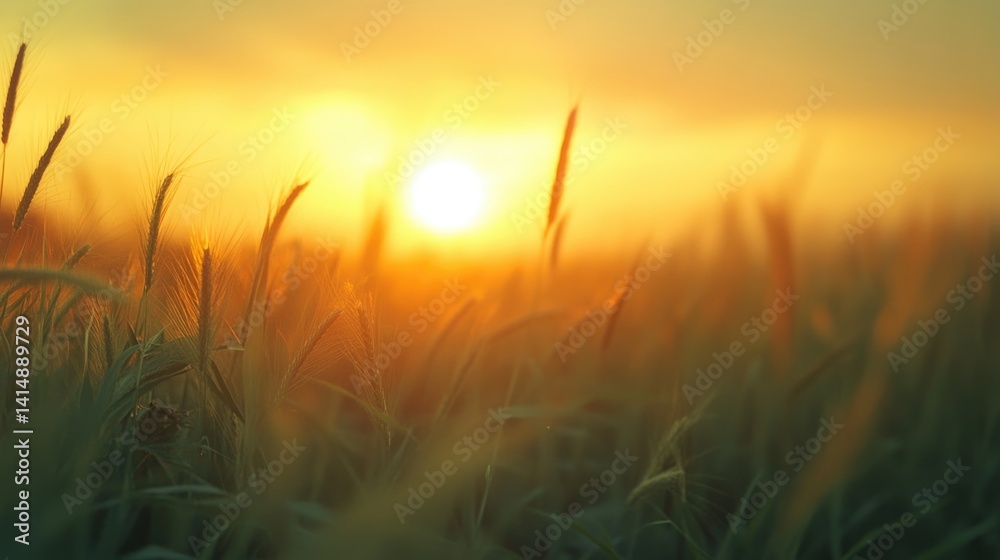 soft focus picture for background of dramatic sunset over green natural wheat field.