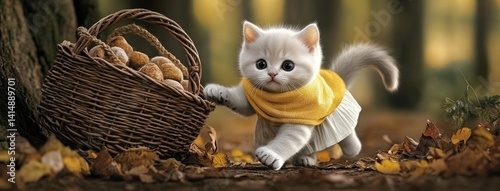 Obraz na płótnie A creamy shorthair kitten confidently walks the runway in an oversized cardigan, white scarf, and skirt, holding a handbag w salonie