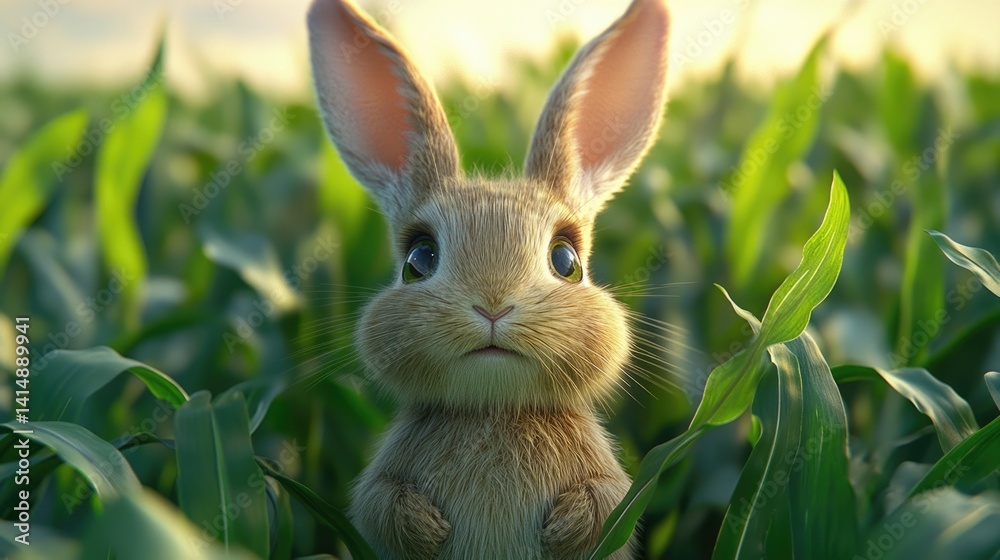 A cute rabbit at natural green corn field or maize field at agriculture farm in the morning sunrise