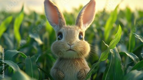 Obraz na płótnie A cute rabbit at natural green corn field or maize field at agriculture farm in the morning sunrise w salonie