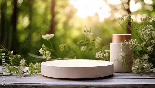 Beautiful green minimal pedestal podium, for cosmetic product presentation, 3d rendering illustration.