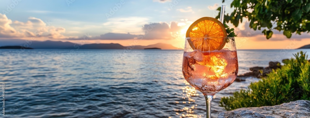 Delight in the vibrant colors of an aperol spritz cocktail served with an orange slice, enhanced by a warm sunset backdrop