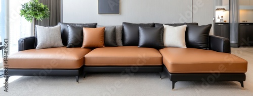 Brown and black leather L-shaped sofa with quilted elements and golden stitching enhances the charm of a stylish, warm living room.