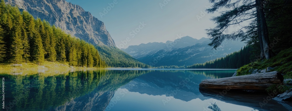 Breathtaking view of a turquoise lake nestled among mountains and forests, captured from a high vantage point on a sunny day