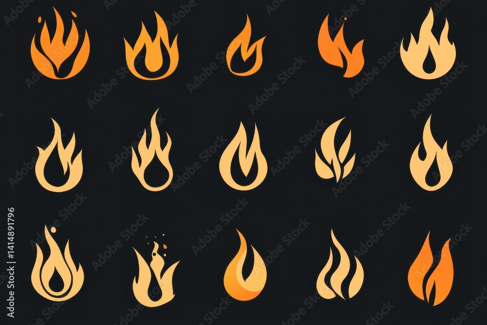 A collection of fifteen stylized flame illustrations displayed against a solid black background image design A collection of fifteen stylized flame illustrations displayed against a solid black background image design
