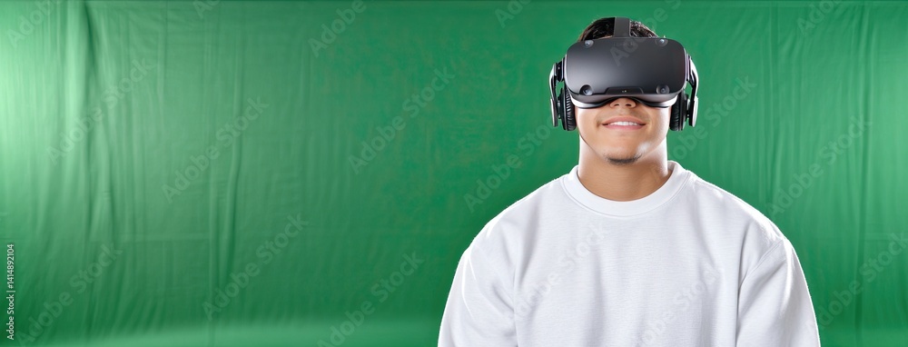 Youth experiences immersive virtual reality gaming, fully engaged with VR glasses and headphones in a bright green setting