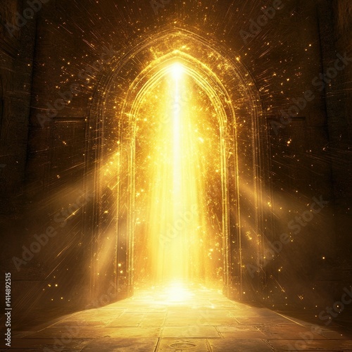 A radiant golden light streams through an ancient archway  illuminating a stone floor in a mystical setting  evoking feelings of wonder and enchantment