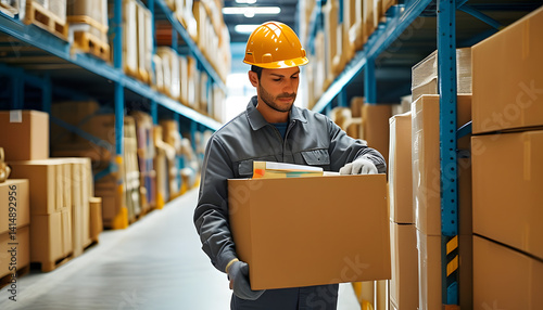 Efficient warehouse operations worker handling packages in logistics center indoor environment focused perspective supply chain management