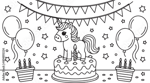 Birthday unicorn with cake and party decorations kids coloring book line art vector page