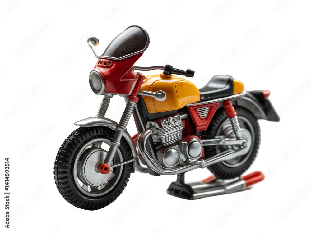 Detailed Studio Shot of a Classic Toy Motorcycle Model with Intricate Design, Red and Yellow Coloring, Emphasizing Nostalgia and Craftsmanship in a Vintage Style Detailed Studio Shot of a Classic Toy Motorcycle Model with Intricate Design, Red and Yellow Coloring, Emphasizing Nostalgia and Craftsmanship in a Vintage Style