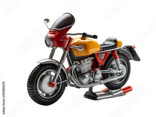 Obraz na płótnie Detailed Studio Shot of a Classic Toy Motorcycle Model with Intricate Design, Red and Yellow Coloring, Emphasizing Nostalgia and Craftsmanship in a Vintage Style w salonie