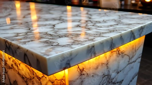 Close-up of a sleek, white and brown veined marble countertop with warm under-glow lighting