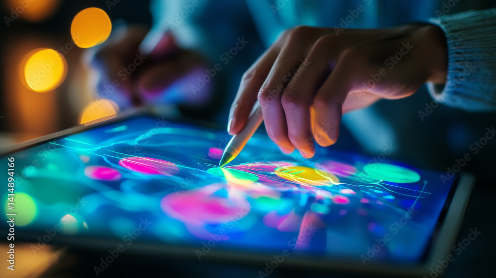 Fototapeta premium Creative digital art creation home workspace tablet illustration cozy ambiance close-up imagination unleashed