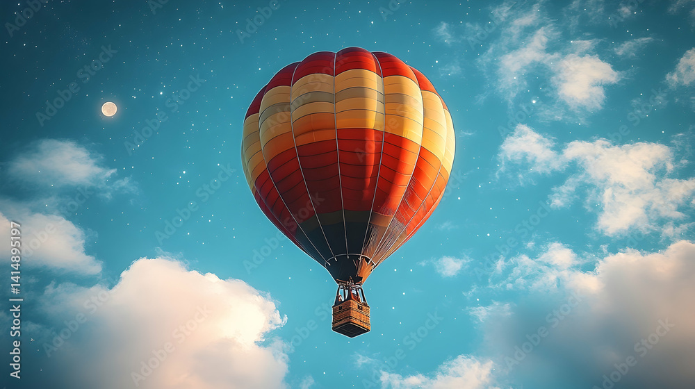 Fototapeta premium Red yellow hot air balloon soars high under moonlight white clouds and twinkling stars against a blue gradient backd