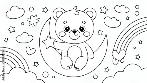 	Teddy bear on moon holding star cute kids coloring book page for bedtime and dreams theme
