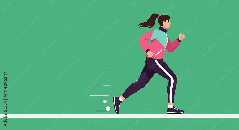 Fototapeta premium A Determined Woman Running with Energetic Pace on a Green Background