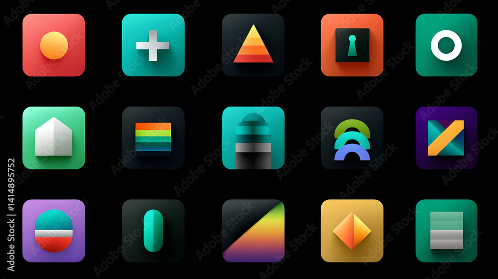 Colorful Geometric App Icons 3D Design Elements on Dark Background
