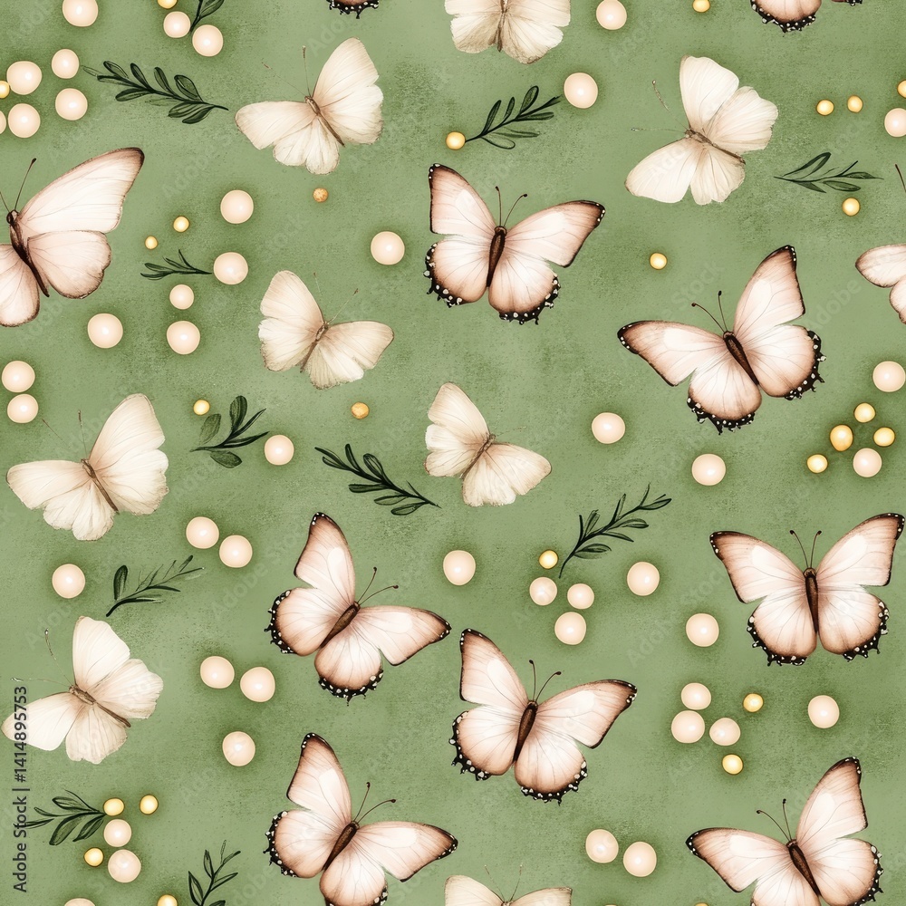 Soft pastel colors blend butterflies and flowers on a white background, evoking a tranquil spring ambiance with vintage charm SEAMLESS PATTERN