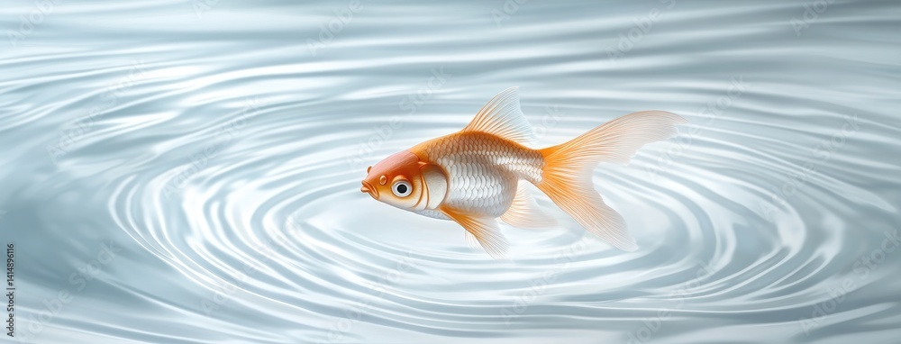 A white goldfish floats above ripples in a minimalist style, highlighting its detailed scales and fins with high-contrast lighting