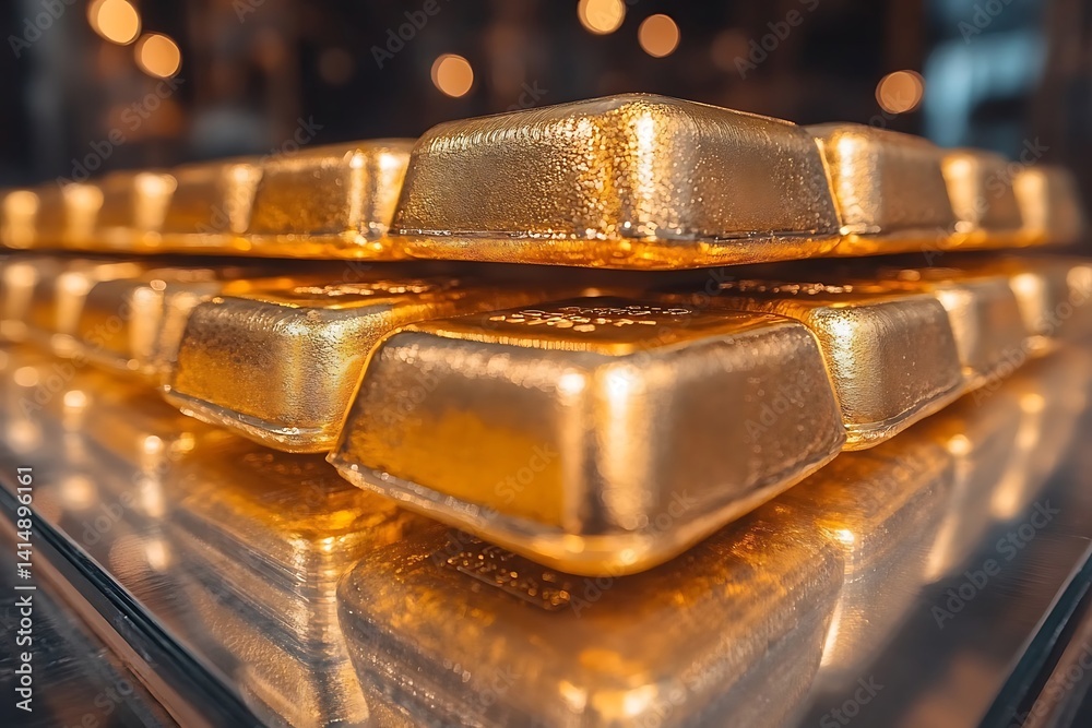 Gold ingots stacked in a precise geometric pattern. Gold ingots stacked in a precise geometric pattern.