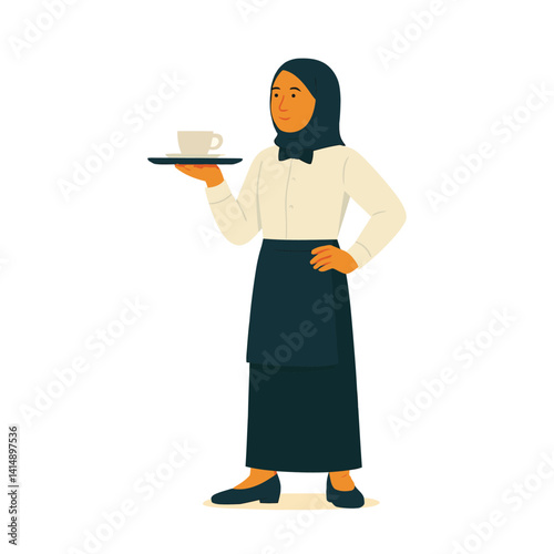 Hijabi waitress serving coffee, Muslim woman in restaurant uniform holding a tray – vector illustration