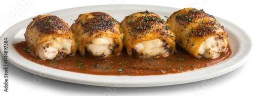 Obraz na płótnie Golden-brown tortilla wraps filled with melted cheese and chicken, garnished with herbs in a cozy kitchen illuminated by sunlight w salonie