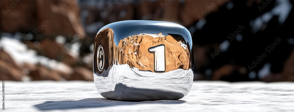 Close-up view of a chrome helmet at sunset, showcasing desert reflections and a figure in a black futuristic suit on a mountaintop