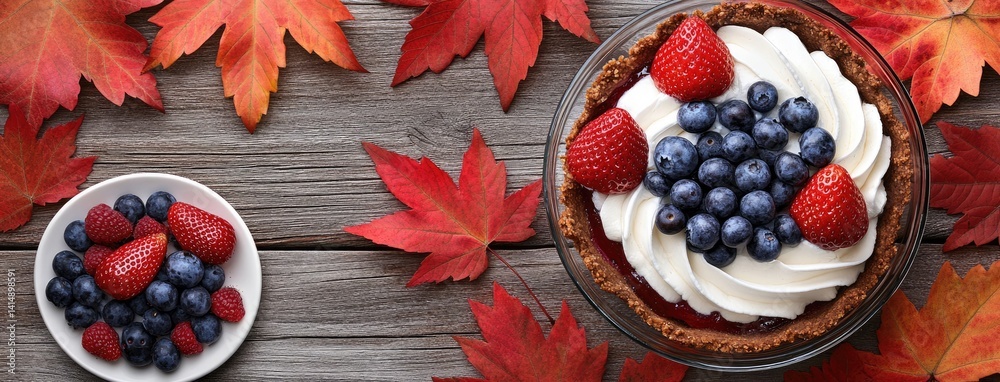 Layers of red, white and blue frosting with fresh strawberries and blueberries in a stunning glass bowl dessert creation