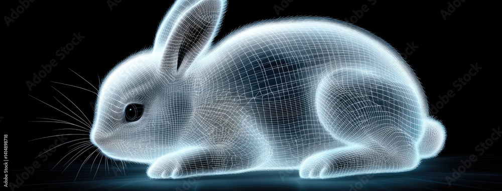 3D wireframe hologram rabbit in neon colors on dark background with captivating glowing grid