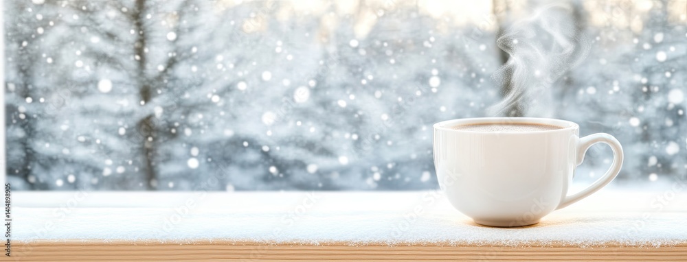 Steaming coffee mug on windowsill overlooking an overcast winter forest landscape