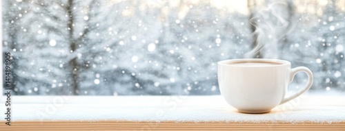 Obraz na płótnie Steaming coffee mug on windowsill overlooking an overcast winter forest landscape w salonie