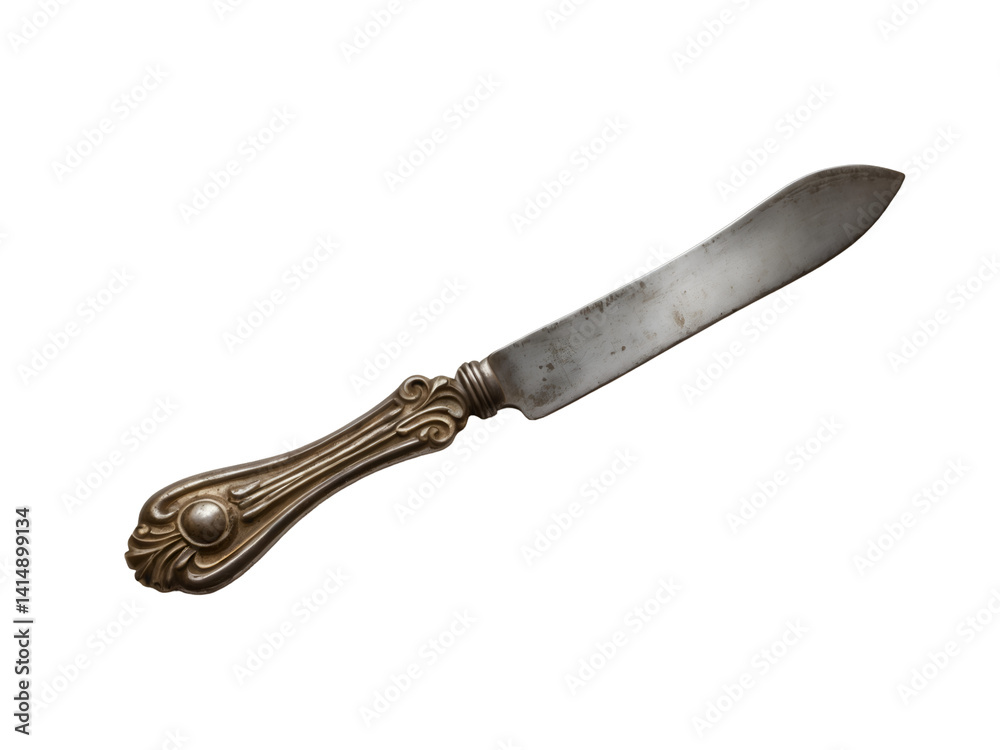Elegant antique butter knife showcasing an ornate silver handle and aged blade against a plain setting emphasizing its vintage charm and detailed craftsmanship