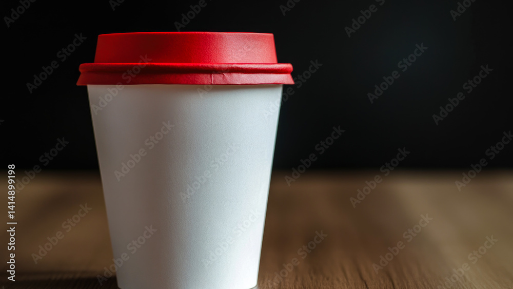 A single white cup with a red lid sits on a wooden table, perfect for use as a placeholder or in decorative arrangements A single white cup with a red lid sits on a wooden table, perfect for use as a placeholder or in decorative arrangements
