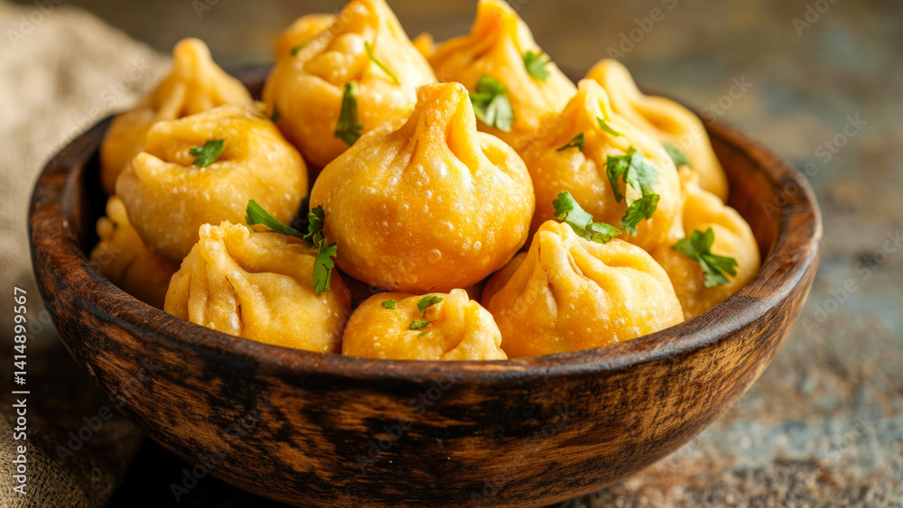 A wooden bowl filled with dumplings sitting on a table A wooden bowl filled with dumplings sitting on a table