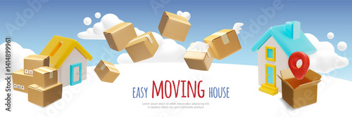 Easy moving house 3D vector banner design, cardboard boxes stacks, flying packages to location sign, delivery service