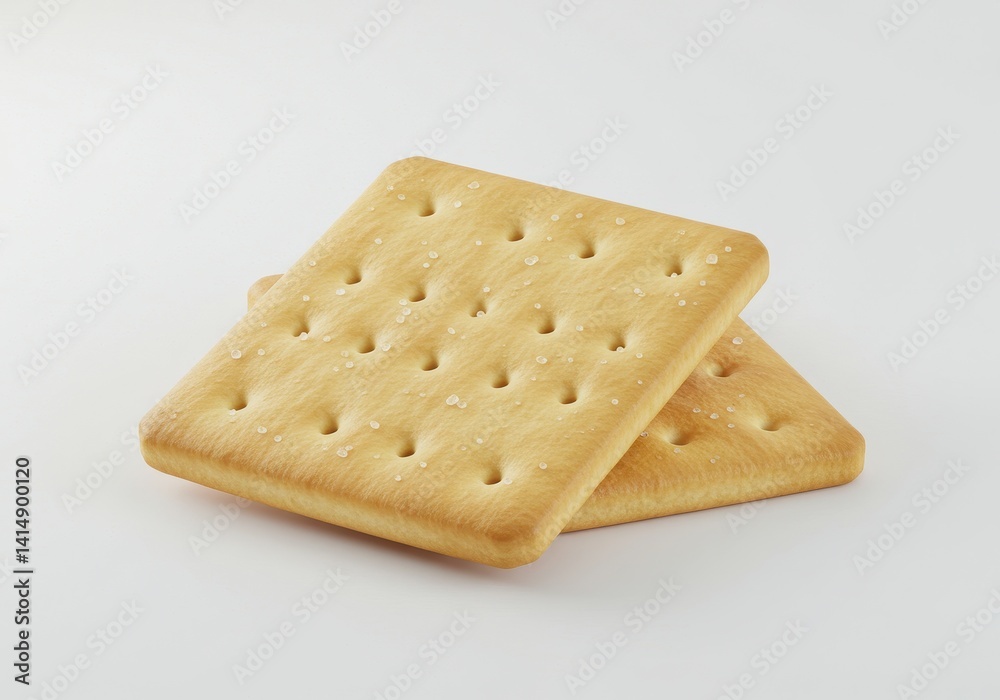 Two golden-brown square saltine crackers with puffy texture and crisp surface on white background Two golden-brown square saltine crackers with puffy texture and crisp surface on white background