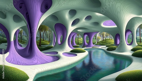 Surreal forest cave, tranquil water