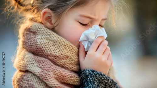 A young child blowing her nose with a tissue, a common scene of everyday life