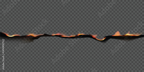 Vector border of burnt paper with smoldering fire and jagged edges.
