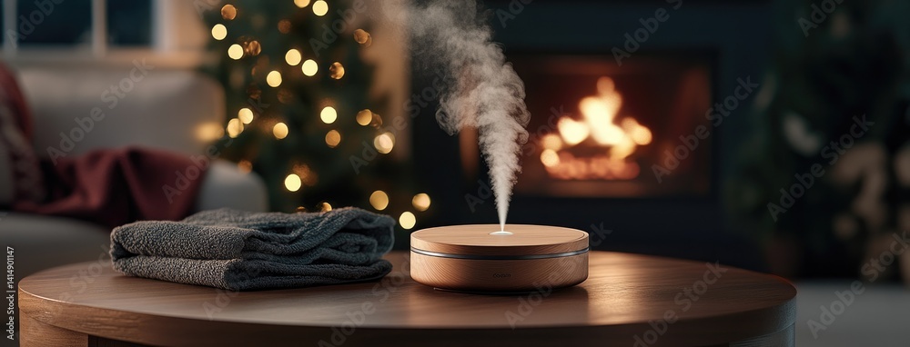 Elegant wooden essential oil diffuser enhances cozy atmosphere with warmth and tranquility by the fireplace