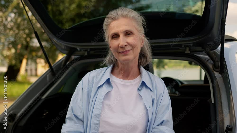 Happy joyful glad Caucasian aged business woman female senior lady businesswoman pensioner looking camera healthy toothy wide smile buying car automobile travelling standing outside city park nature