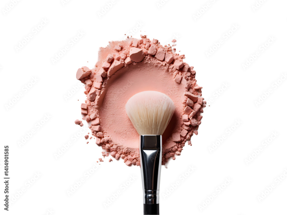 Elegant blush brush surrounded by delicate pink powder, perfect for beauty blogs, cosmetic ads, and makeup tutorials focusing on flawless application