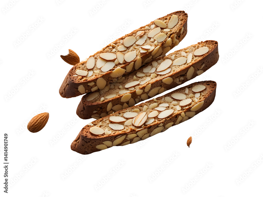 Elegant almond biscotti arrangement showcasing the golden-brown texture and intricate almond slice patterns on a crisp isolated background, inviting a moment of delight