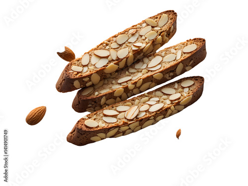 Obraz na płótnie Elegant almond biscotti arrangement showcasing the golden-brown texture and intricate almond slice patterns on a crisp isolated background, inviting a moment of delight w salonie